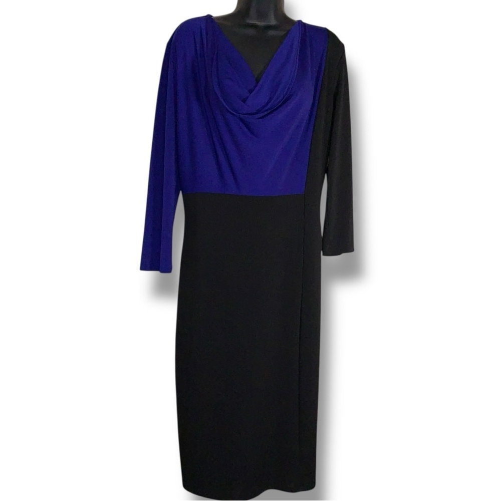 M Narciso Rodriguez Colorblock Dress Black Blue Long Sleeve Cowl Neck Stretch